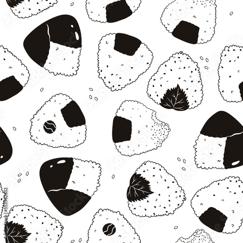 Seamless black and white pattern with different types of onigiri. Vector graphics.
