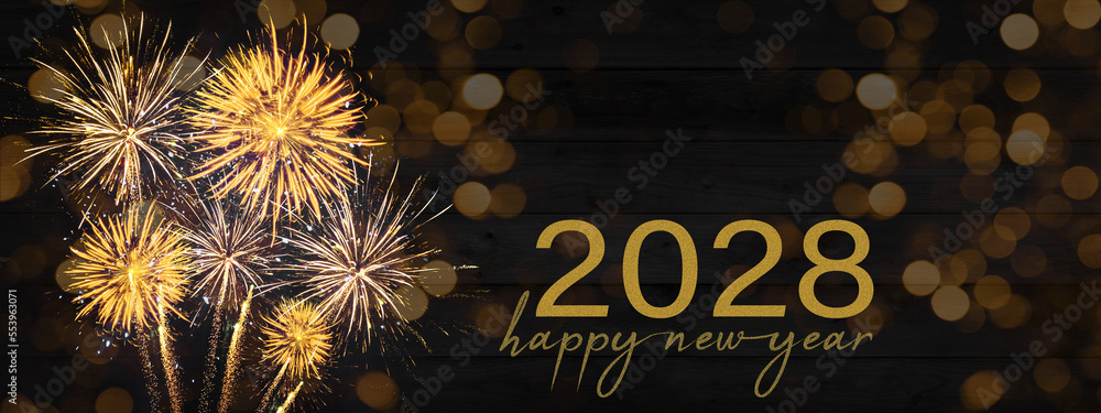 Sylvester, New Year's Eve, Happy new Year 2028 Party, Firework celebration background banner - Golden fireworks and bokeh lights on black wooden wall texture in the night - obrazy, fototapety, plakaty 