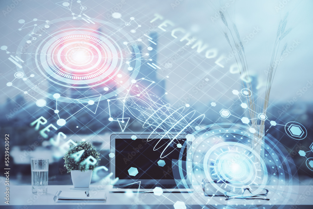 Naklejka premium Multi exposure of table with computer on background and data theme drawing. Concept of innovation.