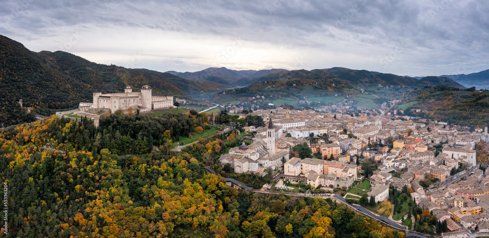panorama view of historic Spoleto with the Rocca Albornoziana fortress and cathedral