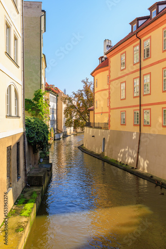 Houses by the canal in a cozy touristic European city. Background with selective focus