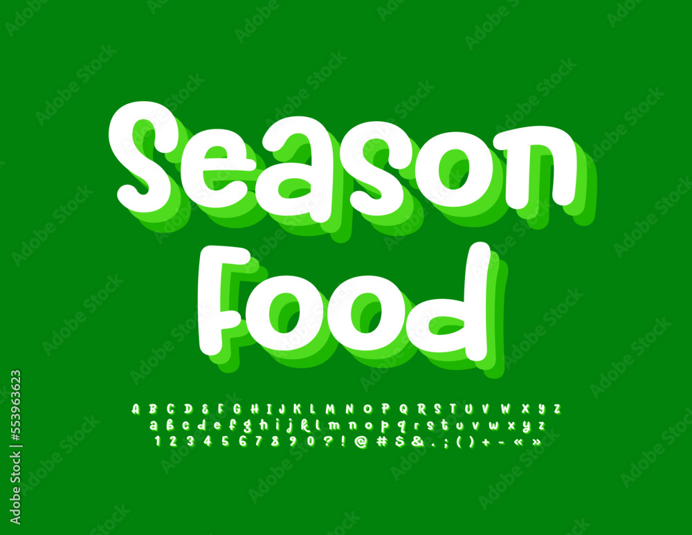 Naklejka premium Vector eco emblem Season Food. Bright handwritten Font. Layered set of Alphabet Letters and Numbers