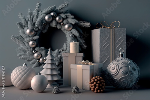 Christmas tree in the back and gift boxes . Merry Christmas greeting card, frame. Winter xmas holiday theme.