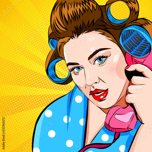 Pop art attractive surprised woman with bue eyes, in curlers talking retro phone, comic vector illustration