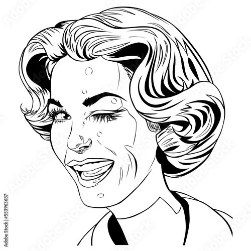 Pop art woman with retro hairstyle smiling and winkink looking at camera, black and white. Portrait of young beautiful cheerful girl, retro style stylization of 20th century comic illustration