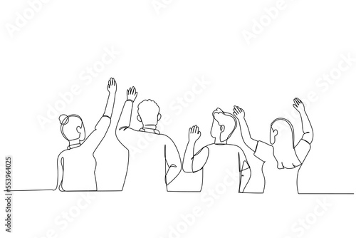 Illustration of group of people looking up and pointing with fingers. Single continuous line art style