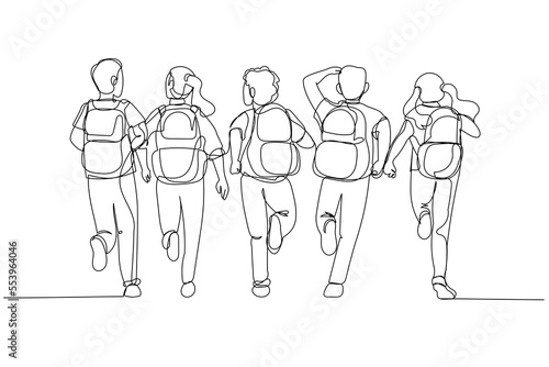 Cartoon of school kids with backpack run to school. Rear view. Single line art style
