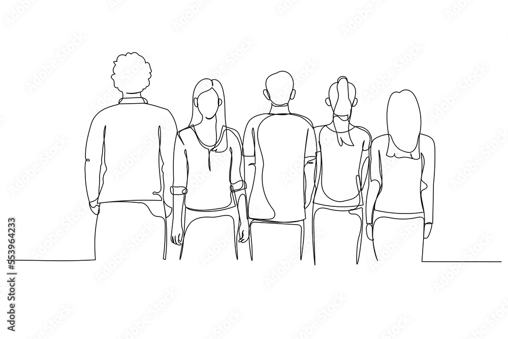 Drawing of group of young people standing look from the back. Continuous line art style Drawing of group of young people standing look from the back. Continuous line art style