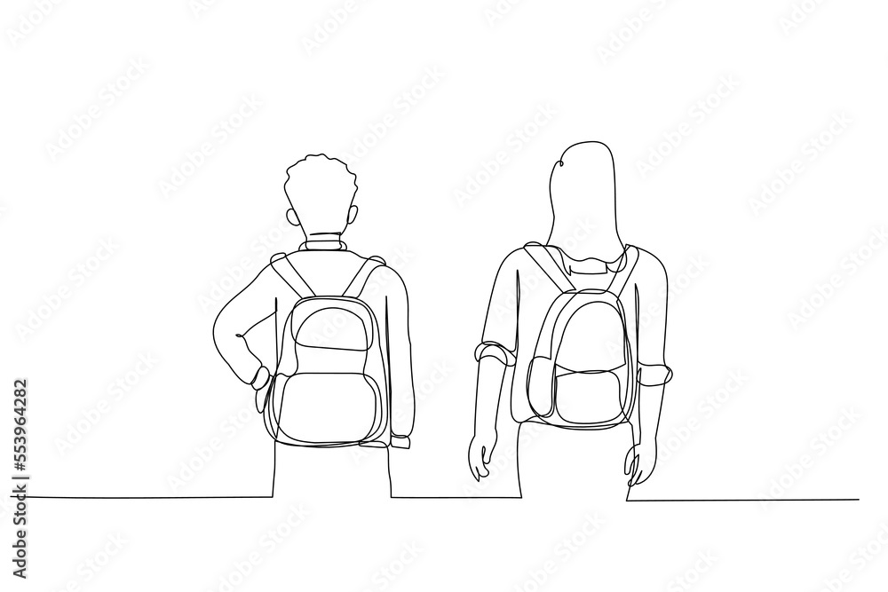 Illustration of boy and girl with backpacks looking rear view. Single line art style