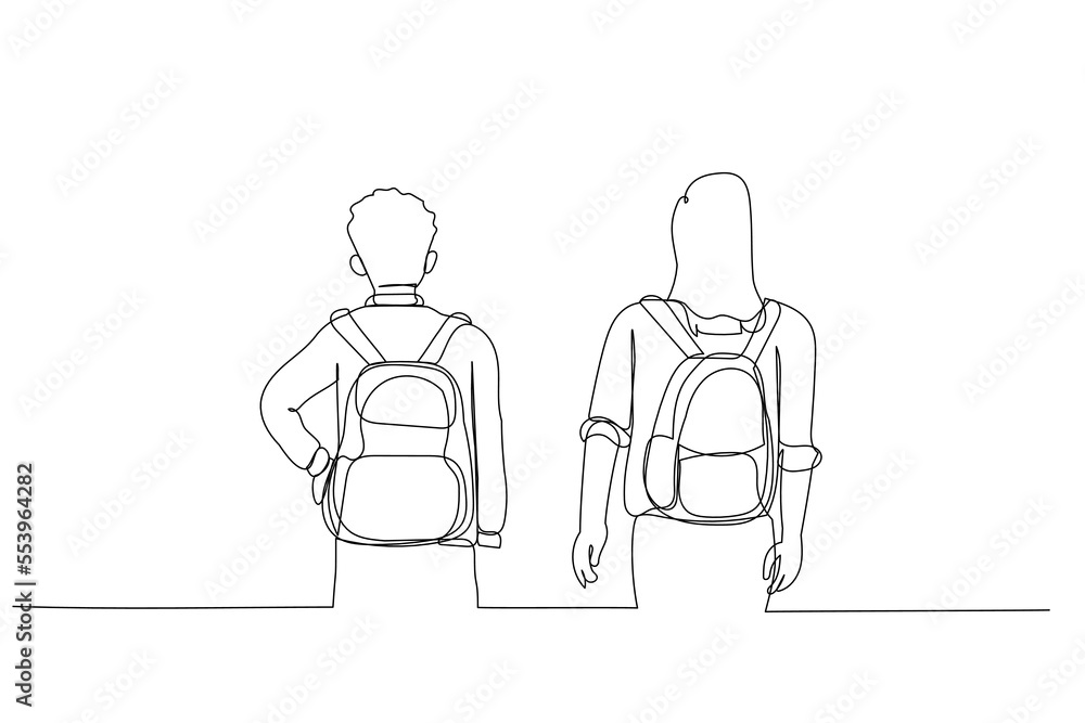 Illustration of boy and girl with backpacks looking rear view. Single line art style Illustration of boy and girl with backpacks looking rear view. Single line art style