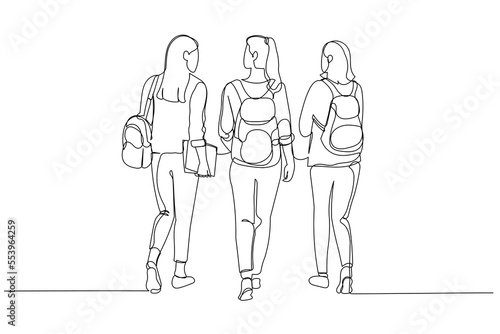 Cartoon of group of female friend walk in aisle going home. One continuous line art style