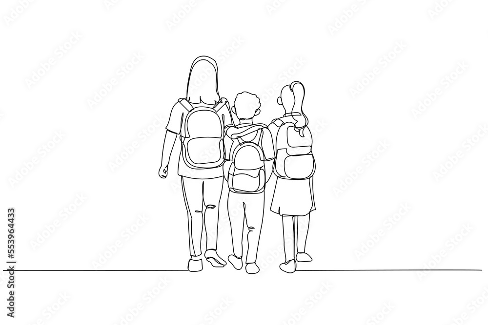 Cartoon of primary school girls in casual clothes walking cross a simple suspension. One line art style Cartoon of primary school girls in casual clothes walking cross a simple suspension. One line art style
