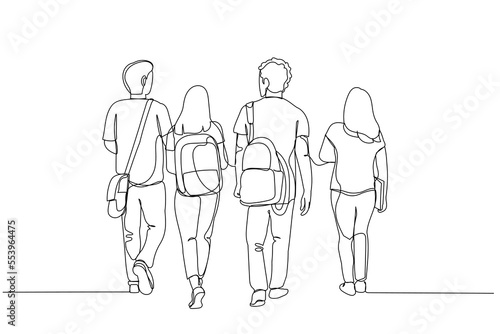 Drawing of rear view of a group of university students walking away. Continuous line art style