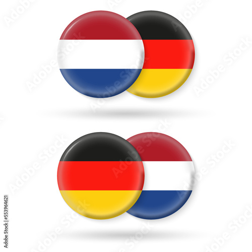 The Netherlands and Germany circle flags. 3d icon. Round German and Dutch national symbols. Vector illustration.