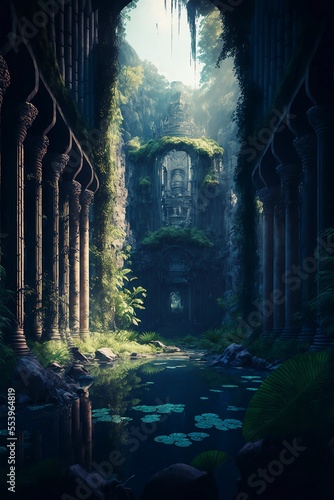 Ancient abandoned city on deep forest digital illustration