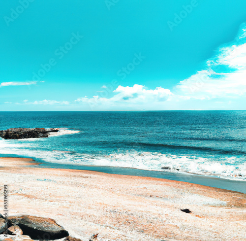 General view of sunny beach with rocks, sea and blue sky created using Generative AI technology