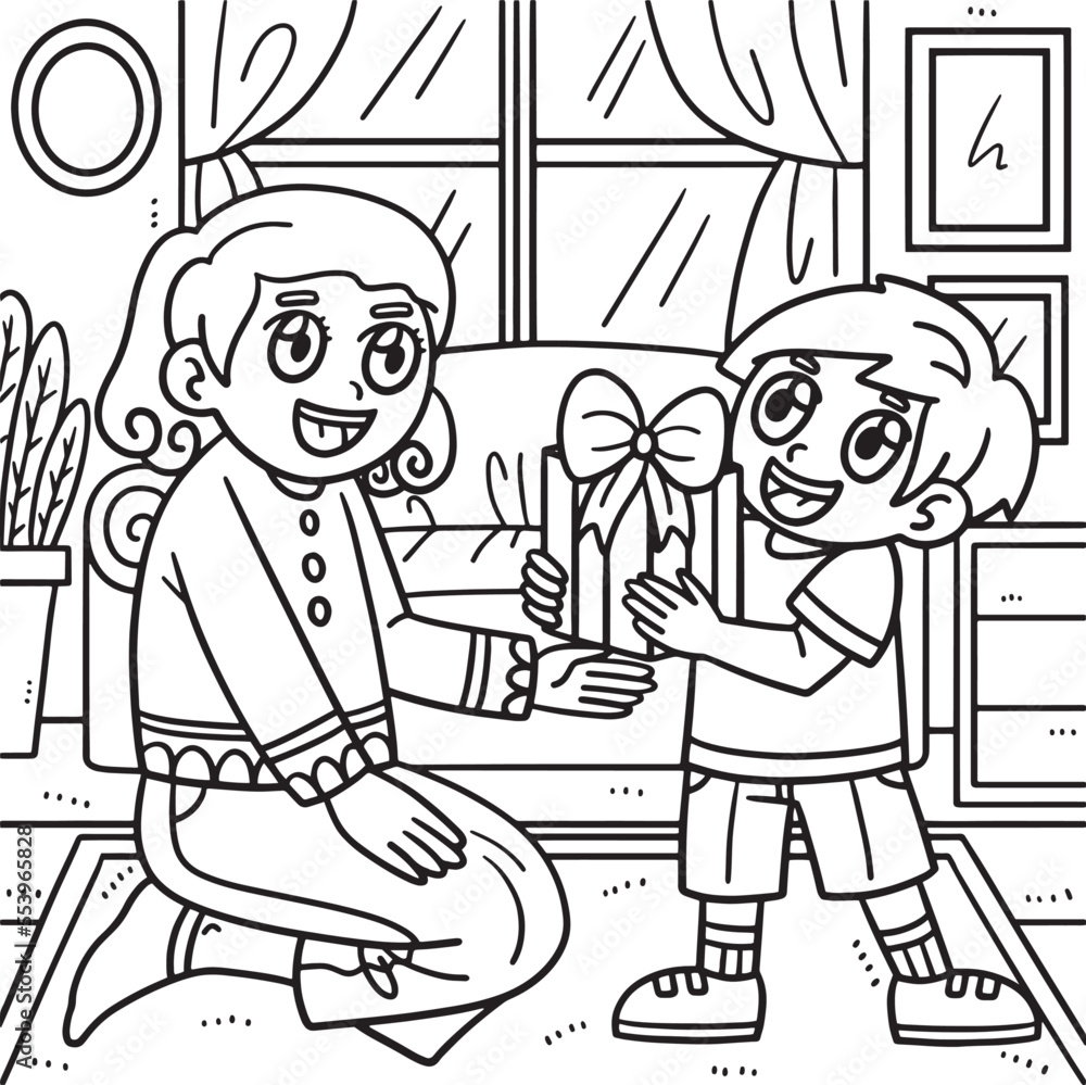 Mothers Day Child Giving Gift Coloring Page Mothers Day Child Giving Gift Coloring Page