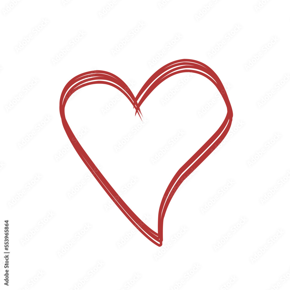 Heart shape vector. Love illustration. Hand drawn design for Valentine's day card background. Web icon, symbol, sign. Romantic wedding invitation. Art sketch. Isolated red graphic painting on white.