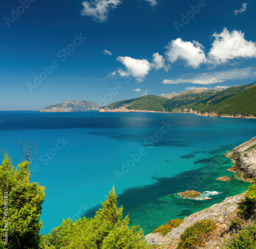 General view of landscape with mountains, trees, sea and blue sky created using Generative AI technology © Future Vision