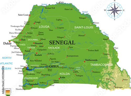 Senegal  and Gambia highly detailed physical map photo