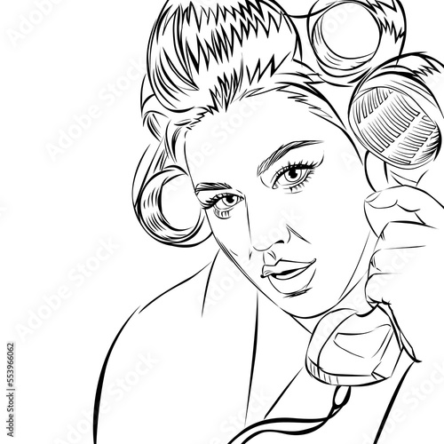 Pop art attractive surprised woman in curlers talking retro phone, comic vector illustration, black and white sketch