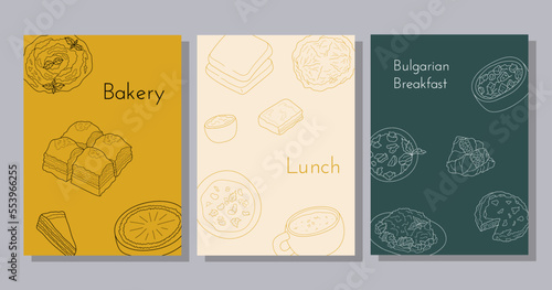Hand drawn poster set with Bulgarian food. Design sketch element for poster, banner, flyer, menu cafe, bistro, restaurant, bakery and packaging.  Vector illustration. photo