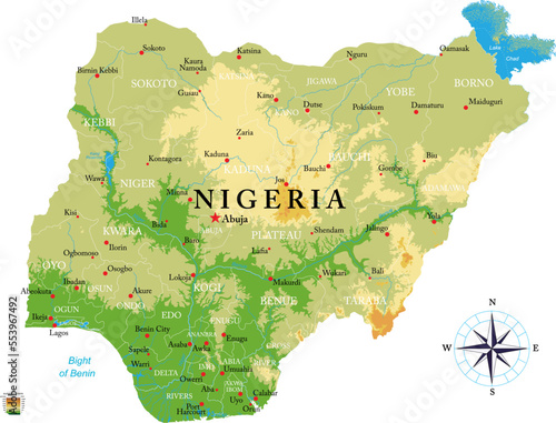 Nigeria highly detailed physical map photo