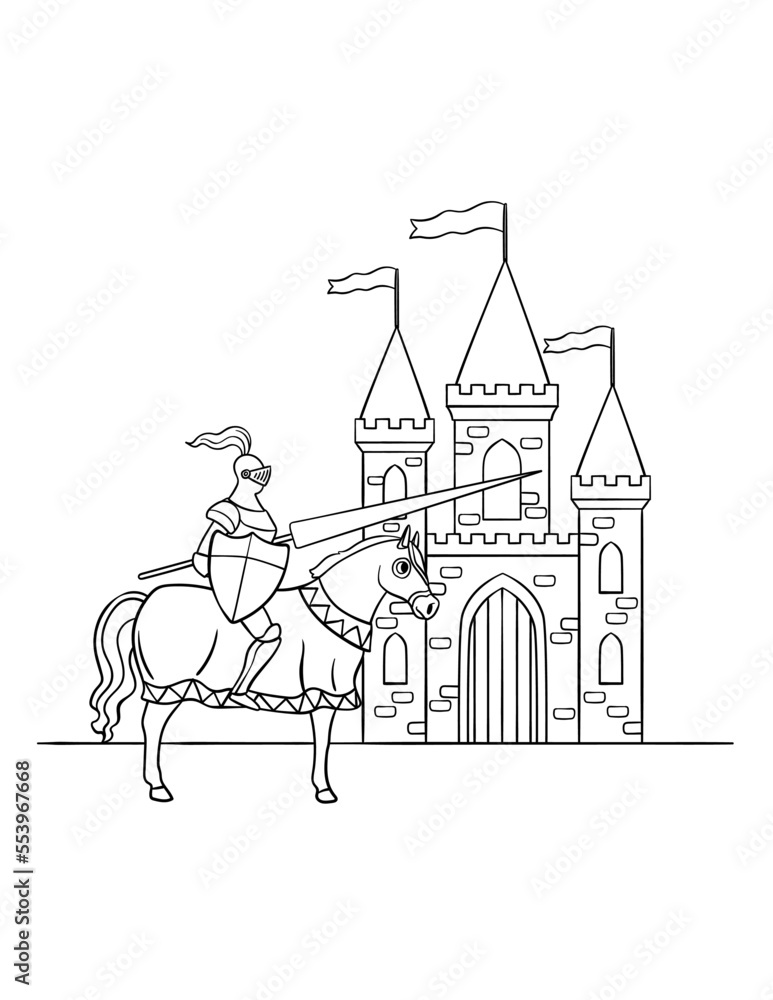 Knight Riding a Horse in Front of Castle Isolated 