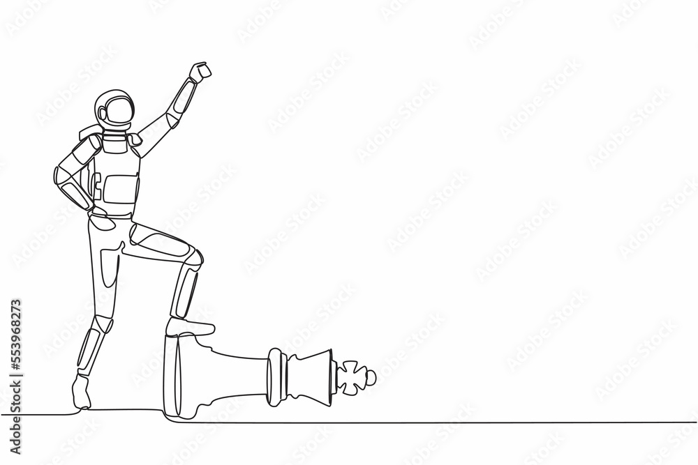 Continuous one line drawing astronaut clench fist up and step on chess king piece in moon surface. Spaceship pilot victory symbol. Cosmonaut outer space. Single line graphic design vector illustration