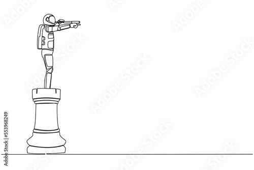 Single continuous line drawing young astronaut on top of big rook chess piece using monocular in moon surface. Looking for new planets. Cosmonaut deep space. One line draw design vector illustration