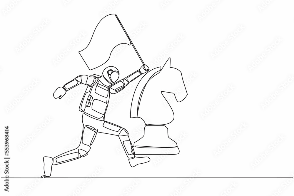Continuous one line drawing astronaut running and holding flag beside horse chess piece. Celebrating triumph of intergalactic expedition. Cosmonaut outer space. Single line design vector illustration Continuous one line drawing astronaut running and holding flag beside horse chess piece. Celebrating triumph of intergalactic expedition. Cosmonaut outer space. Single line design vector illustration