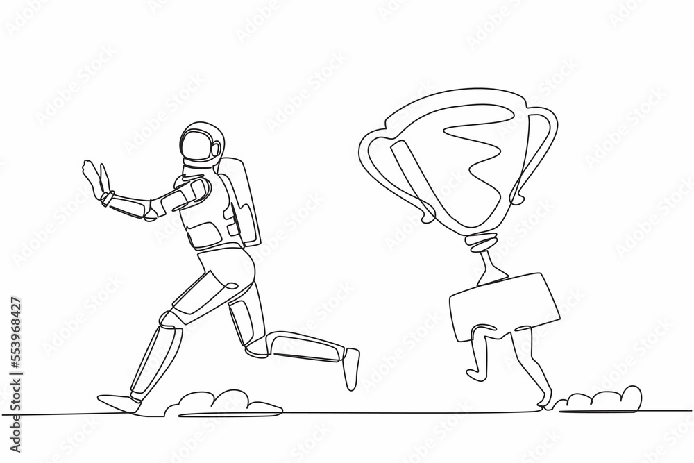 Single one line drawing young astronaut being chased by trophy. Confused with spaceship business goals for winning competition. Cosmic galaxy space. Continuous line graphic design vector illustration Single one line drawing young astronaut being chased by trophy. Confused with spaceship business goals for winning competition. Cosmic galaxy space. Continuous line graphic design vector illustration