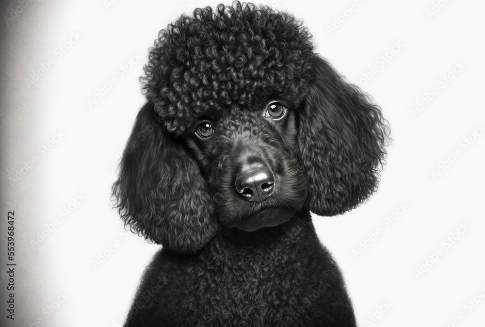 Isolated in portrait mode, a black poodle dog is shown on a white background. Generative AI Isolated in portrait mode, a black poodle dog is shown on a white background. Generative AI