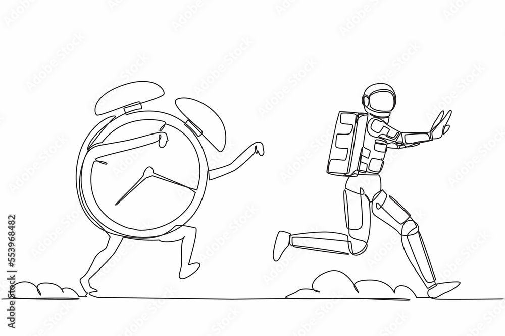 Continuous one line drawing astronaut being chased by alarm clock. Hurry in expedition deadline project. Running out of working time. Cosmonaut outer space. Single line draw design vector illustration Continuous one line drawing astronaut being chased by alarm clock. Hurry in expedition deadline project. Running out of working time. Cosmonaut outer space. Single line draw design vector illustration