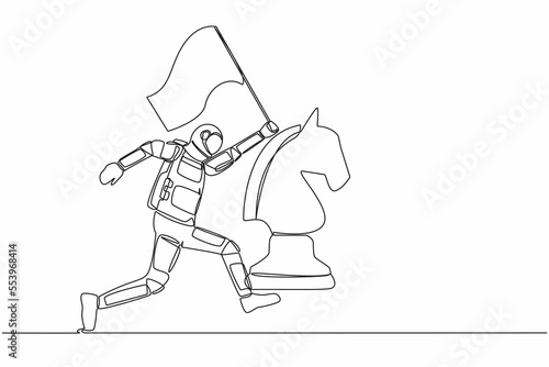 Continuous one line drawing astronaut running and holding flag beside horse chess piece. Celebrating triumph of intergalactic expedition. Cosmonaut outer space. Single line design vector illustration