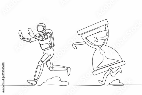 Single continuous line drawing of young astronaut being chased by hourglass. Afraid with interstellar expedition deadline, depression. Cosmonaut deep space. One line graphic design vector illustration
