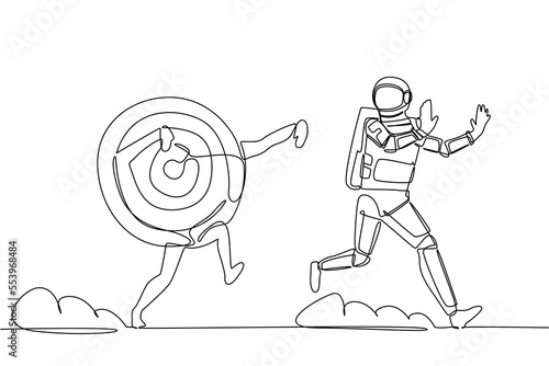 Continuous one line drawing scare astronaut being chased by archery bullseye target. Losing idea in business goals. Run to escape in outer space surface. Single line design vector graphic illustration