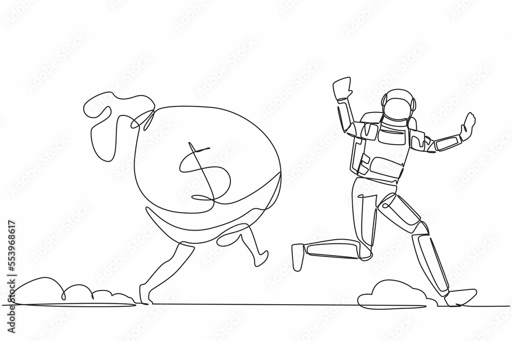 Continuous one line drawing of young astronaut being chased by money bag. Hurry in achieving wealth and profit goals in spaceship company. Cosmonaut outer space. Single line design vector illustration Continuous one line drawing of young astronaut being chased by money bag. Hurry in achieving wealth and profit goals in spaceship company. Cosmonaut outer space. Single line design vector illustration