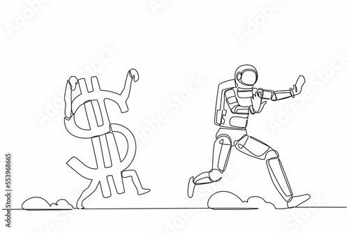 Single continuous line drawing astronaut being chased by dollar symbol. Afraid with economic or financial crisis in spaceship company. Cosmonaut deep space. One line graphic design vector illustration