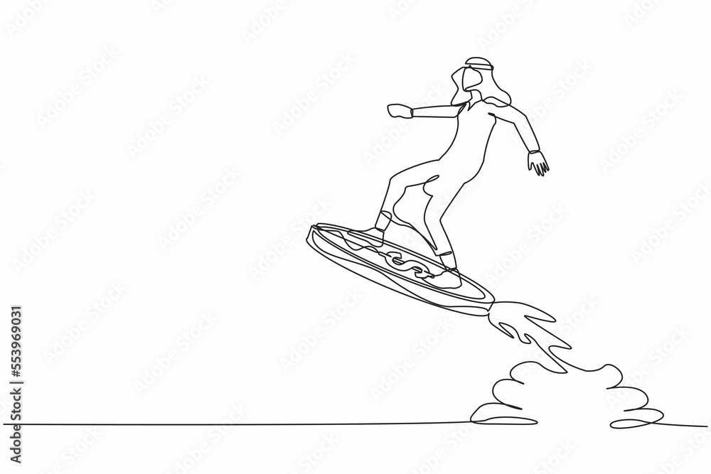Single one line drawing Arab businessman riding dollar coin rocket flying in the sky. Financial boost, business opportunity to success with competitors. Continuous line draw design vector illustration Single one line drawing Arab businessman riding dollar coin rocket flying in the sky. Financial boost, business opportunity to success with competitors. Continuous line draw design vector illustration