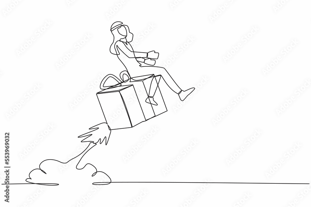 Continuous one line drawing Arabian businessman riding gift box rocket flying in the sky. Fast shipping or delivery. Cardboard box for moving and packaging. Single line draw design vector illustration Continuous one line drawing Arabian businessman riding gift box rocket flying in the sky. Fast shipping or delivery. Cardboard box for moving and packaging. Single line draw design vector illustration