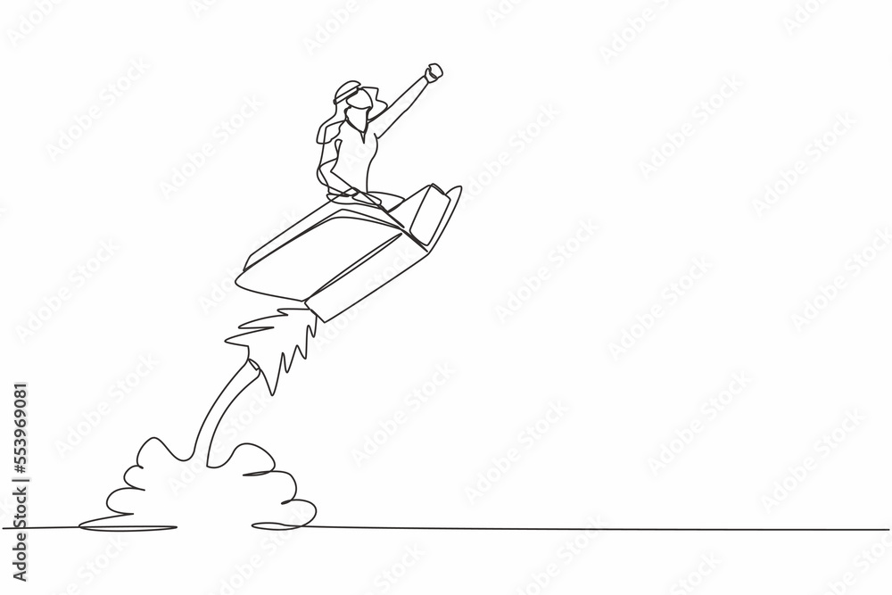 Single continuous line drawing Arabian businessman riding book rocket flying in the sky. Increase interest in reading smart students. Bookstore, education. One line graphic design vector illustration