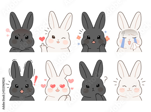 A collection of various facial expressions of rabbits. A cute black rabbit and white rabbit character upper body illustration.