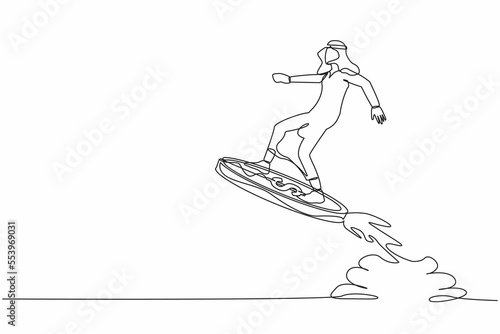 Single one line drawing Arab businessman riding dollar coin rocket flying in the sky. Financial boost, business opportunity to success with competitors. Continuous line draw design vector illustration