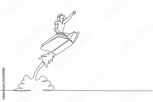 Single continuous line drawing Arabian businessman riding book rocket flying in the sky. Increase interest in reading smart students. Bookstore, education. One line graphic design vector illustration