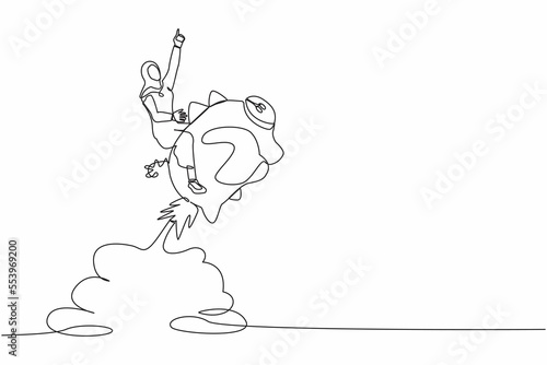 Continuous one line drawing Arab businesswoman riding piggy bank rocket flying in the sky. Financial, business opportunity to success with competitors or winner. Single line design vector illustration