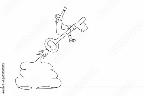 Single one line drawing Arab businesswoman riding key rocket flying in the sky. Leadership or motivation to find opportunity. Discover success keyhole. Continuous line draw design vector illustration