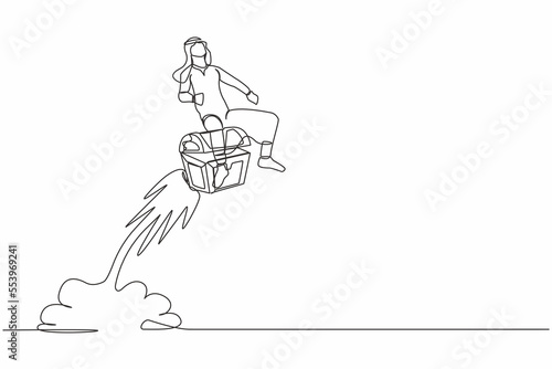 Single continuous line drawing happy Arab businessman riding treasure chest rocket flying in sky. Treasure hunting. Searching hidden chest with gold  jewels. One line draw design vector illustration