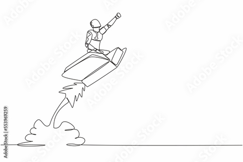 Single one line drawing robot riding book rocket flying in the sky. Increase tech ability learning. Modern robotic artificial intelligence technology. Continuous line draw design vector illustration