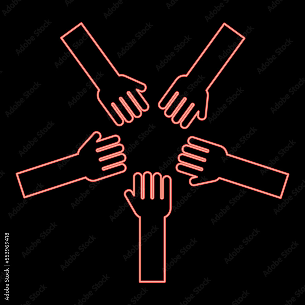 Obraz premium Neon five hands Group arms Many hands connecting Open palms People putting their hands together Stack hands concept unity red color vector illustration image flat style